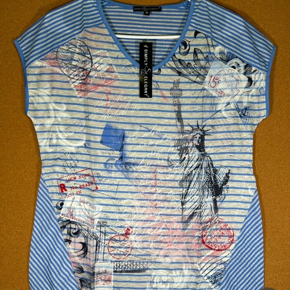 Simply Elegant Women Blue & Light Grey lines M Top V Neck Short Sleeve Blouse